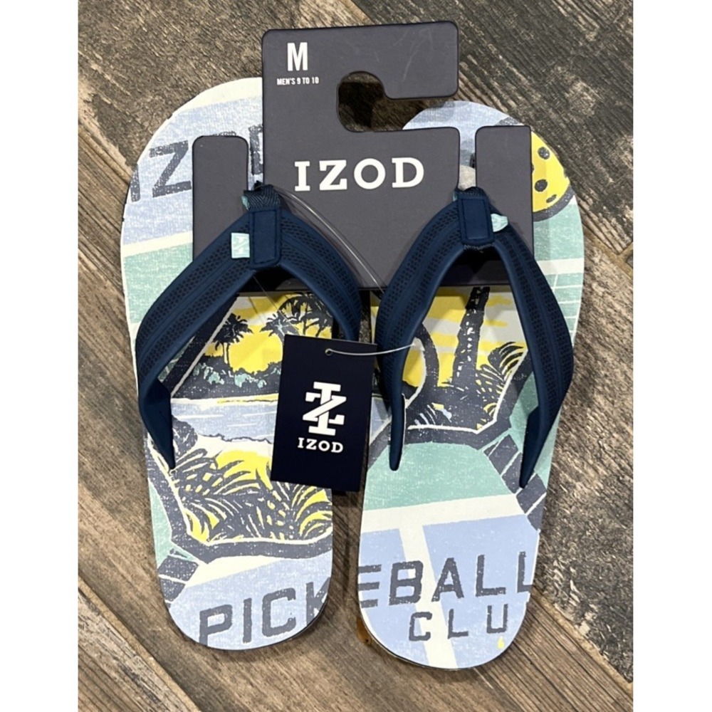 New IZOD Men's Flip Flops Sandals "Pickleball Club" Blue Yellow Size Medium 9-10
